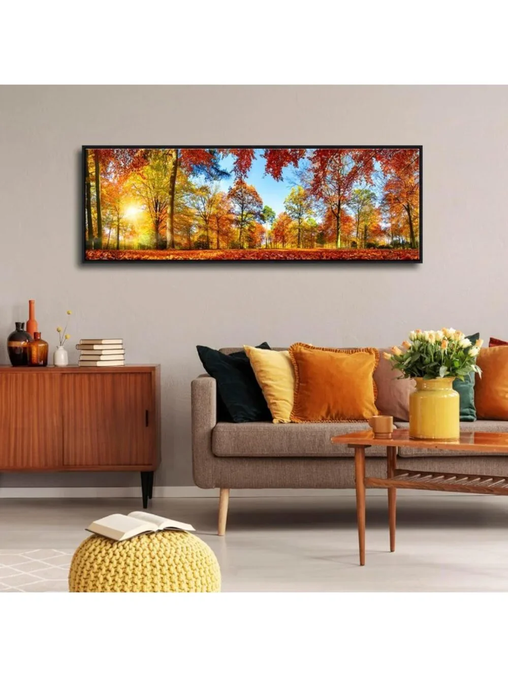 Large Black Framed Autumn Sunset Canvas Wall Art - Nature Landscape Decor for